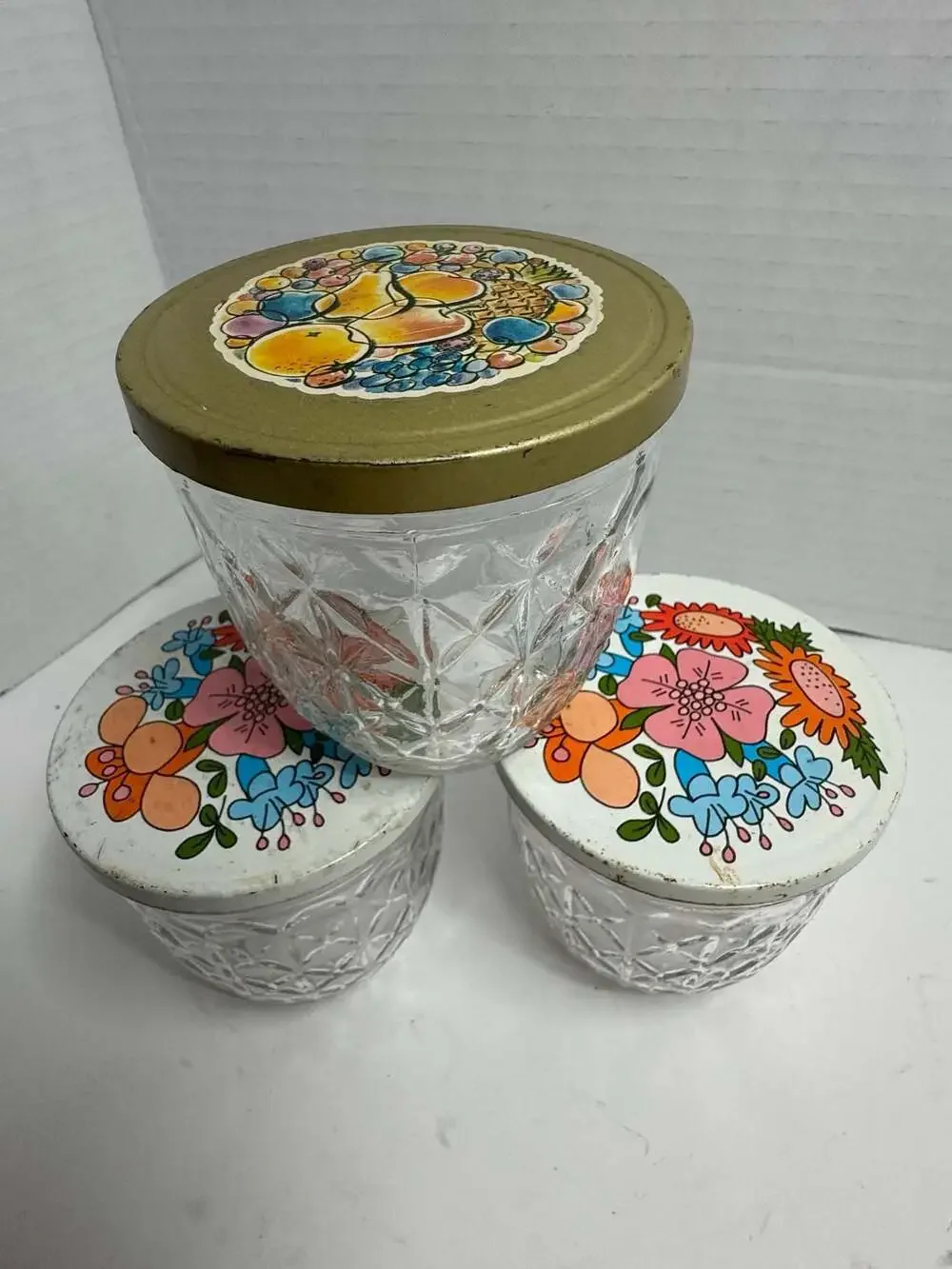Set of 3 Vintage Ball Quilted Crystal Jelly Jars with Decorative Metal Lids